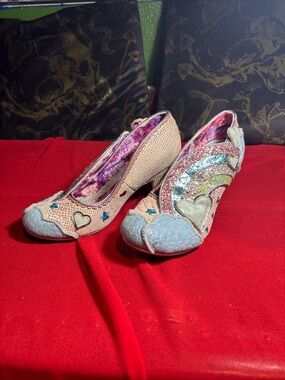 Irregular Choice Pastel Multicolor Heart & Rainbow Embellished. Size 38/7.5